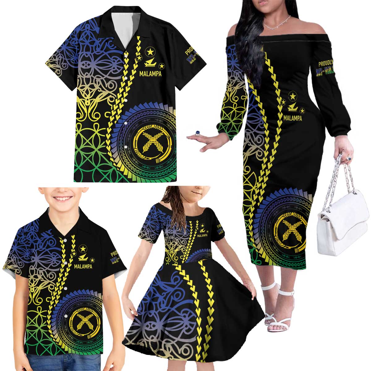 Proudly Ni-Van Sandroing Inspired Family Matching Off The Shoulder Long Sleeve Dress and Hawaiian Shirt Malampa Classic Style LT7 - Polynesian Pride