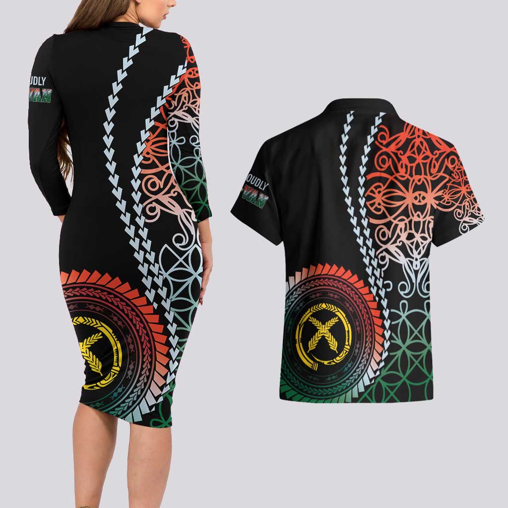 Proudly Ni-Van Sandroing Inspired Couples Matching Long Sleeve Bodycon Dress and Hawaiian Shirt Penama Classic Style LT7 - Polynesian Pride