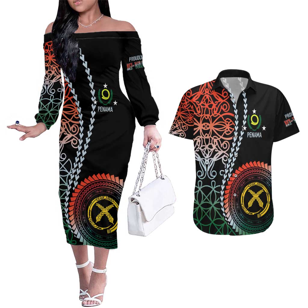 Proudly Ni-Van Sandroing Inspired Couples Matching Off The Shoulder Long Sleeve Dress and Hawaiian Shirt Penama Classic Style LT7 Colorful - Polynesian Pride