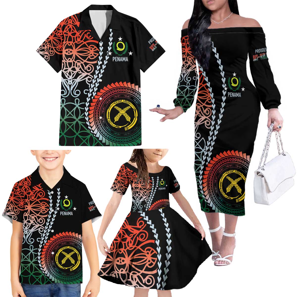 Proudly Ni-Van Sandroing Inspired Family Matching Off The Shoulder Long Sleeve Dress and Hawaiian Shirt Penama Classic Style LT7 - Polynesian Pride