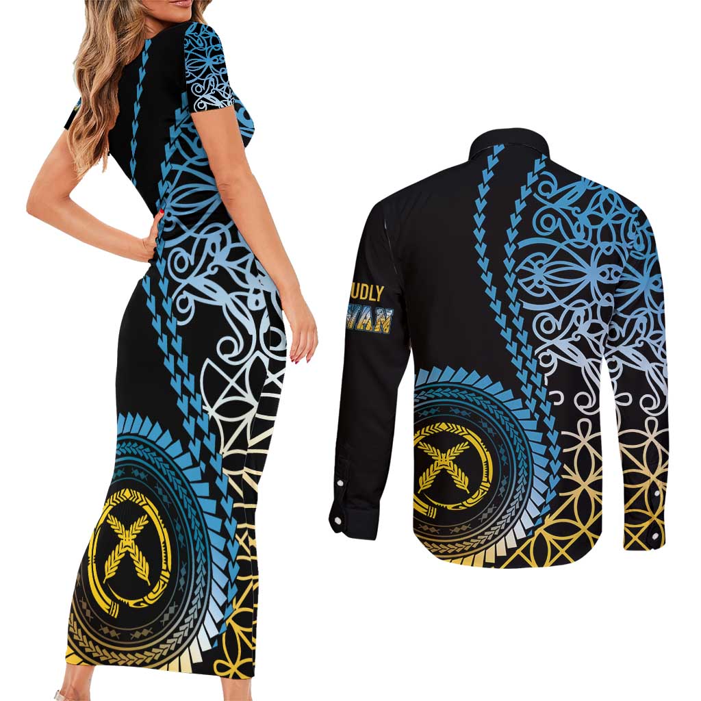 Proudly Ni-Van Sandroing Inspired Couples Matching Short Sleeve Bodycon Dress and Long Sleeve Button Shirt Sanma Classic Style LT7 - Polynesian Pride