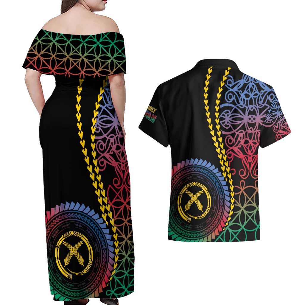 Proudly Ni-Van Sandroing Inspired Couples Matching Off Shoulder Maxi Dress and Hawaiian Shirt Shefa Classic Style LT7 - Polynesian Pride