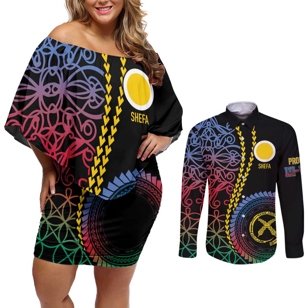 Proudly Ni-Van Sandroing Inspired Couples Matching Off Shoulder Short Dress and Long Sleeve Button Shirt Shefa Classic Style LT7 Colorful - Polynesian Pride