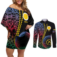 Proudly Ni-Van Sandroing Inspired Couples Matching Off Shoulder Short Dress and Long Sleeve Button Shirt Shefa Classic Style LT7 Colorful - Polynesian Pride