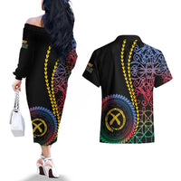 Proudly Ni-Van Sandroing Inspired Couples Matching Off The Shoulder Long Sleeve Dress and Hawaiian Shirt Shefa Classic Style LT7 - Polynesian Pride
