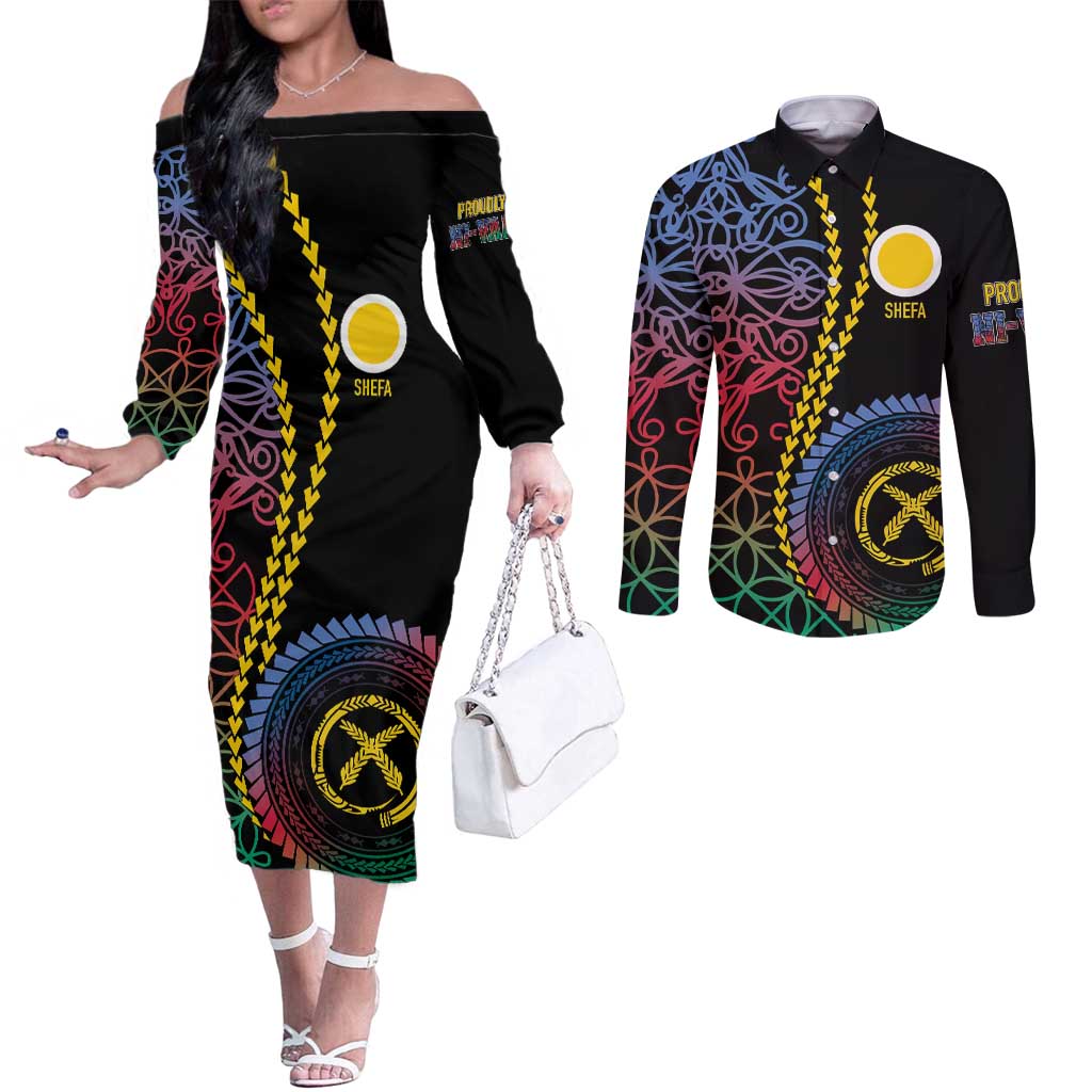 Proudly Ni-Van Sandroing Inspired Couples Matching Off The Shoulder Long Sleeve Dress and Long Sleeve Button Shirt Shefa Classic Style LT7 Colorful - Polynesian Pride