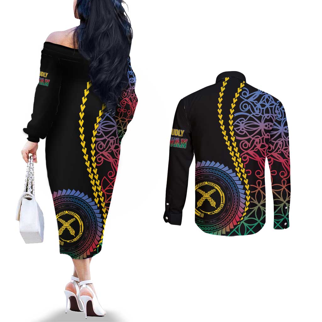 Proudly Ni-Van Sandroing Inspired Couples Matching Off The Shoulder Long Sleeve Dress and Long Sleeve Button Shirt Shefa Classic Style LT7 - Polynesian Pride
