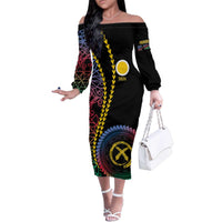 Proudly Ni-Van Sandroing Inspired Family Matching Off The Shoulder Long Sleeve Dress and Hawaiian Shirt Shefa Classic Style LT7 Mom's Dress Colorful - Polynesian Pride