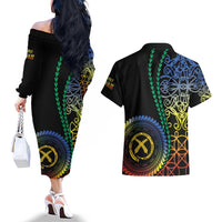 Proudly Ni-Van Sandroing Inspired Couples Matching Off The Shoulder Long Sleeve Dress and Hawaiian Shirt Tafea Classic Style LT7 - Polynesian Pride