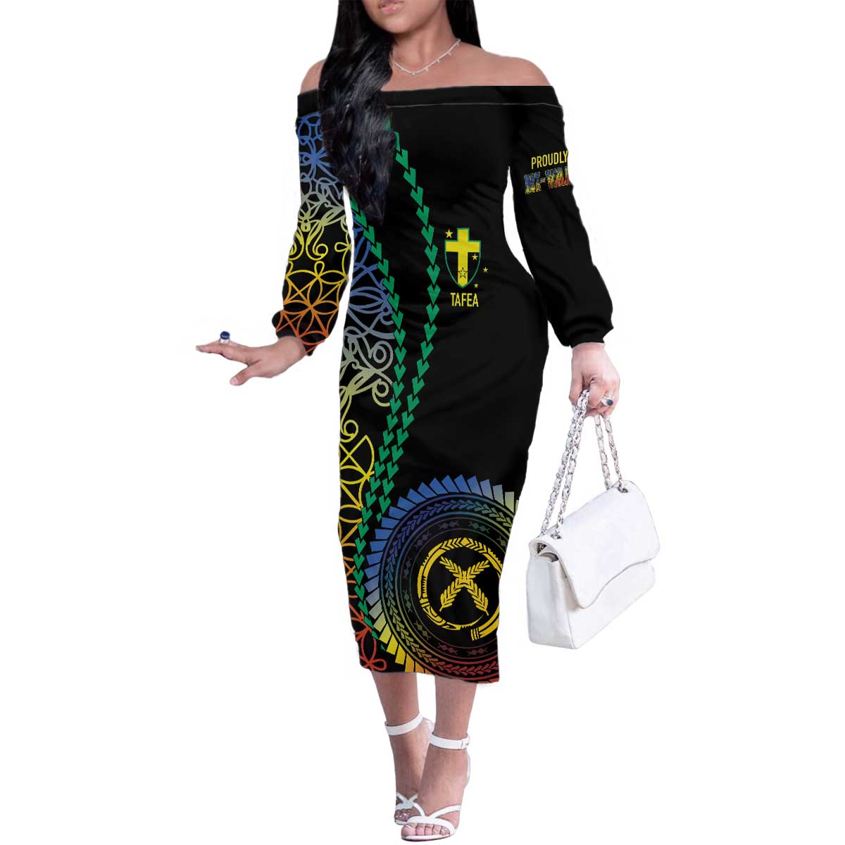 Proudly Ni-Van Sandroing Inspired Family Matching Off The Shoulder Long Sleeve Dress and Hawaiian Shirt Tafea Classic Style LT7 Mom's Dress Colorful - Polynesian Pride