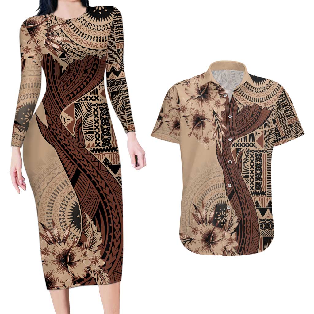 Bula Fiji Couples Matching Long Sleeve Bodycon Dress and Hawaiian Shirt Shark Tail Beige Masi Tapa LT7 Beige - Polynesian Pride