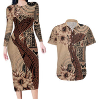 Bula Fiji Couples Matching Long Sleeve Bodycon Dress and Hawaiian Shirt Shark Tail Beige Masi Tapa LT7 Beige - Polynesian Pride
