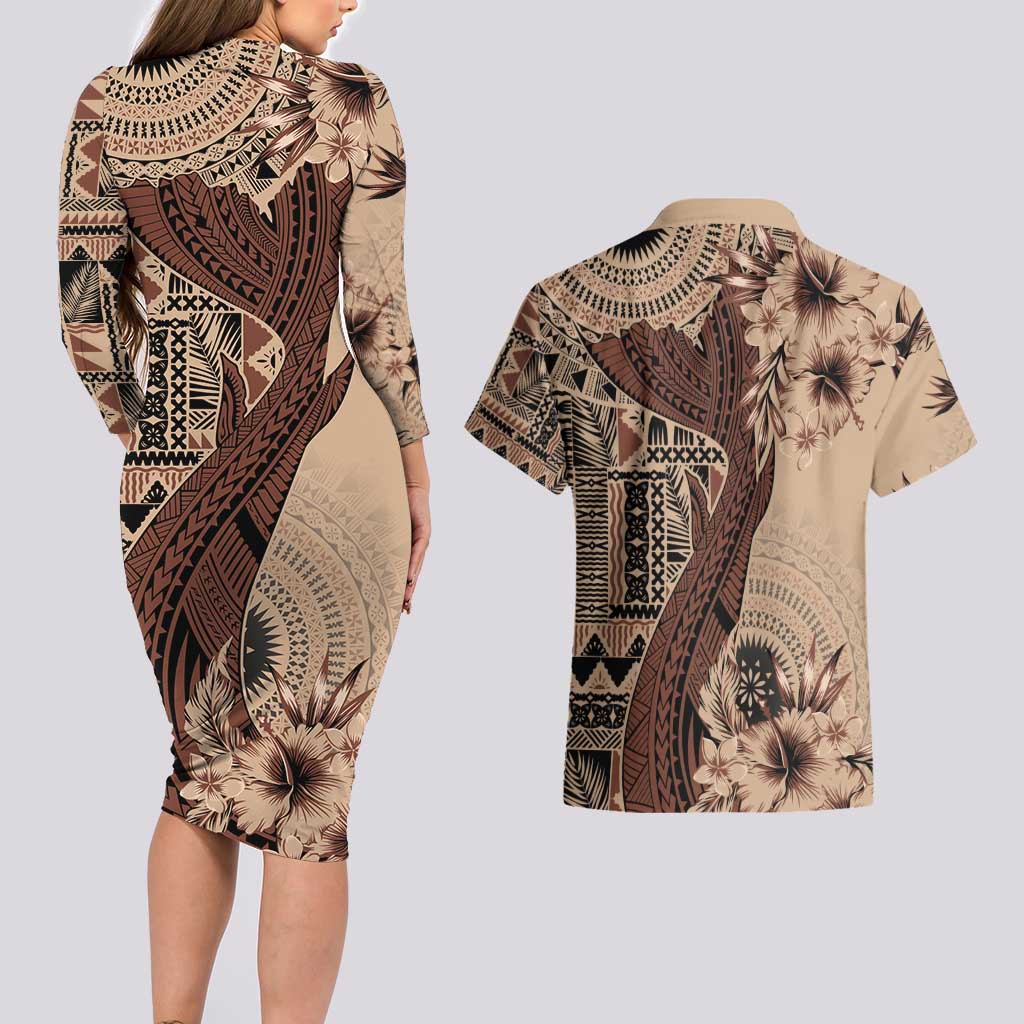 Bula Fiji Couples Matching Long Sleeve Bodycon Dress and Hawaiian Shirt Shark Tail Beige Masi Tapa LT7 - Polynesian Pride