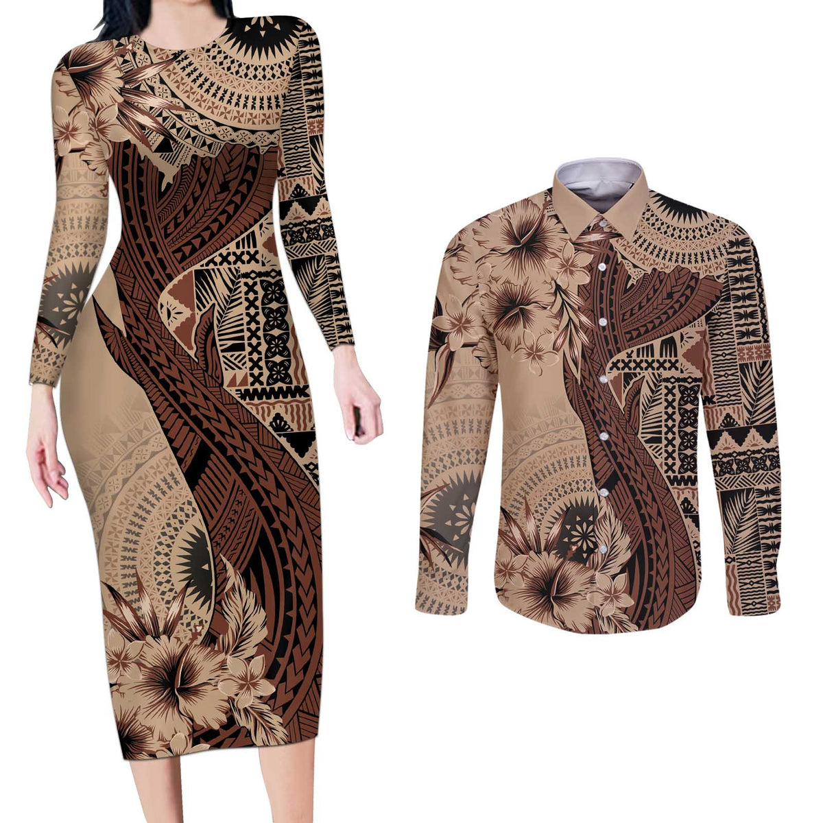 Bula Fiji Couples Matching Long Sleeve Bodycon Dress and Long Sleeve Button Shirt Shark Tail Beige Masi Tapa LT7 Beige - Polynesian Pride