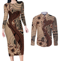 Bula Fiji Couples Matching Long Sleeve Bodycon Dress and Long Sleeve Button Shirt Shark Tail Beige Masi Tapa LT7 Beige - Polynesian Pride