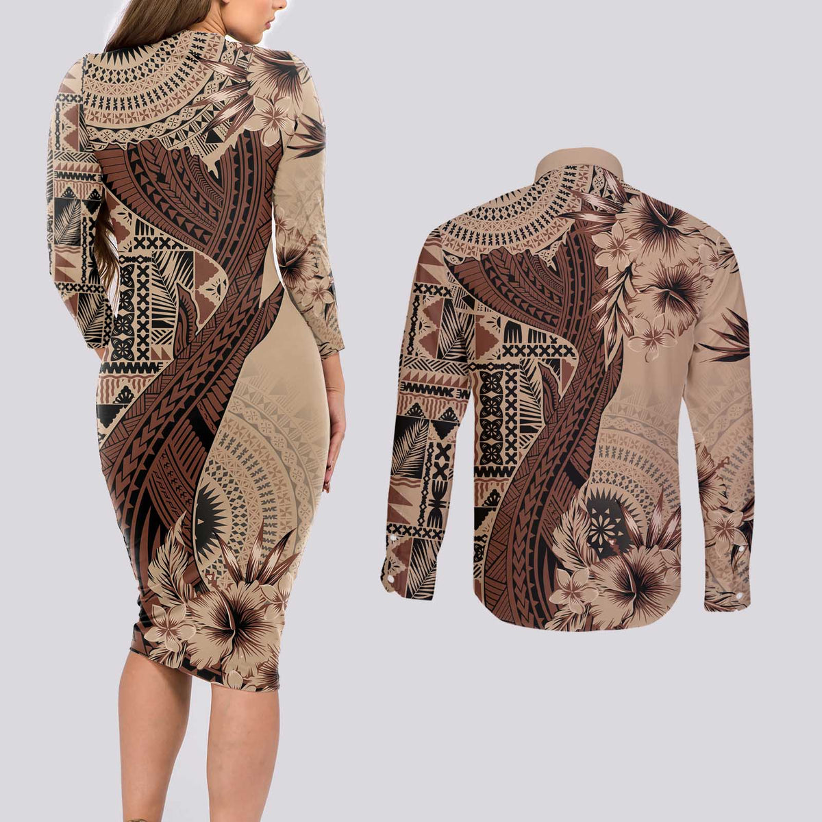 Bula Fiji Couples Matching Long Sleeve Bodycon Dress and Long Sleeve Button Shirt Shark Tail Beige Masi Tapa LT7 - Polynesian Pride