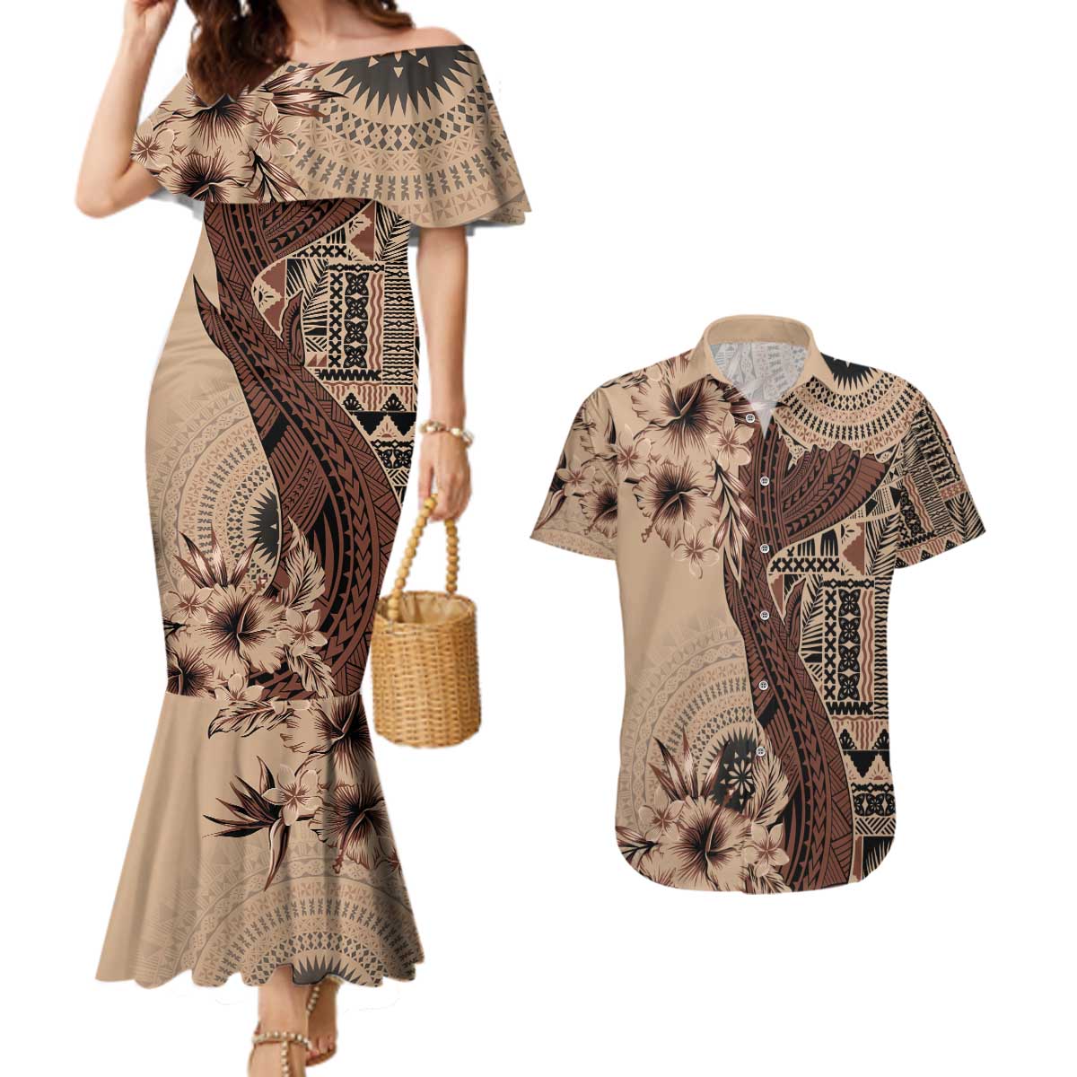 Bula Fiji Couples Matching Mermaid Dress and Hawaiian Shirt Shark Tail Beige Masi Tapa LT7 Beige - Polynesian Pride
