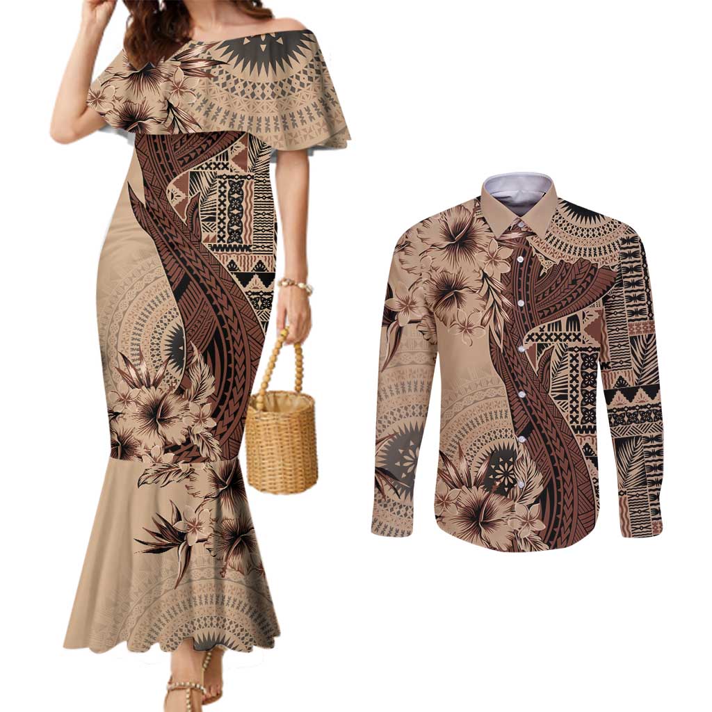 Bula Fiji Couples Matching Mermaid Dress and Long Sleeve Button Shirt Shark Tail Beige Masi Tapa LT7 Beige - Polynesian Pride