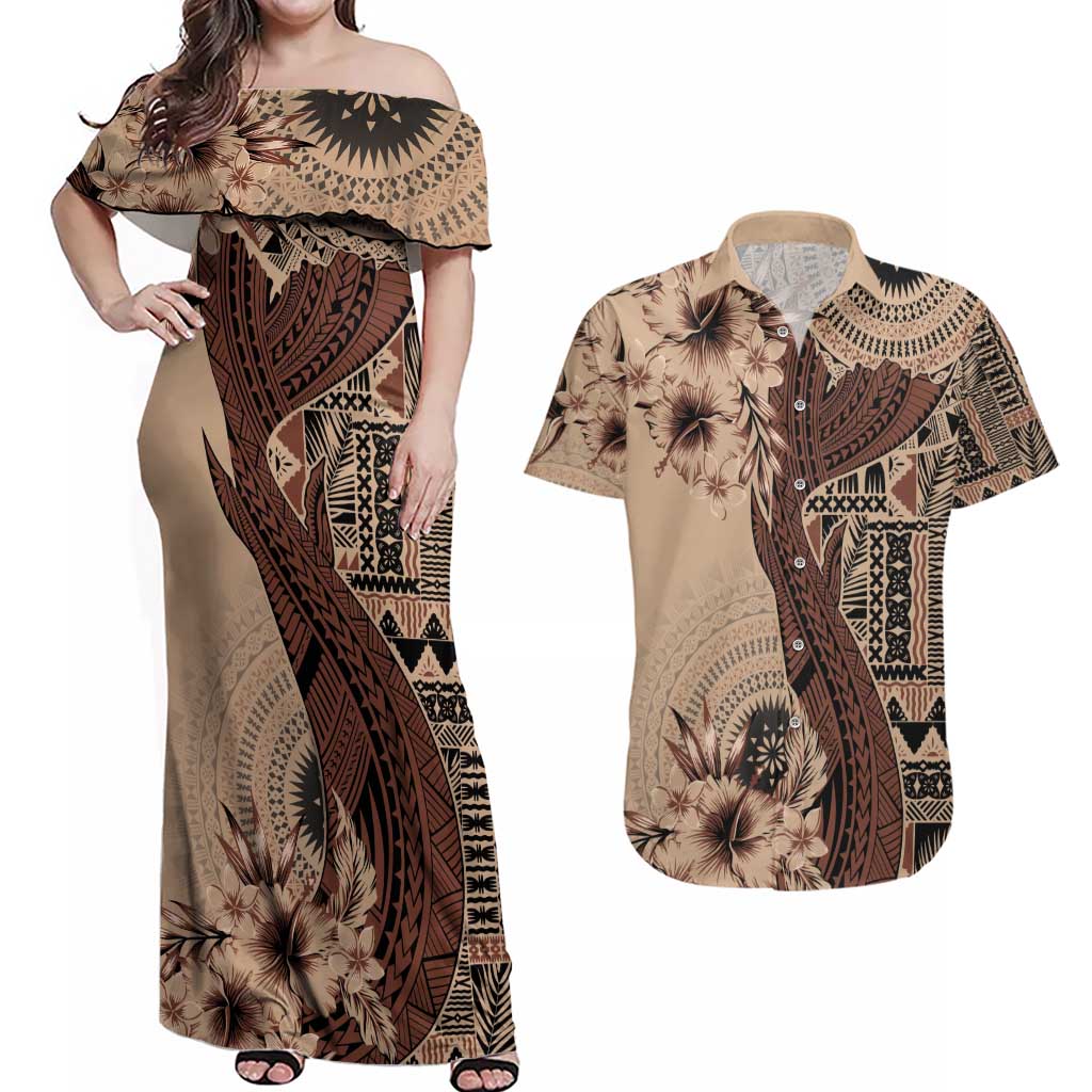 Bula Fiji Couples Matching Off Shoulder Maxi Dress and Hawaiian Shirt Shark Tail Beige Masi Tapa LT7 Beige - Polynesian Pride