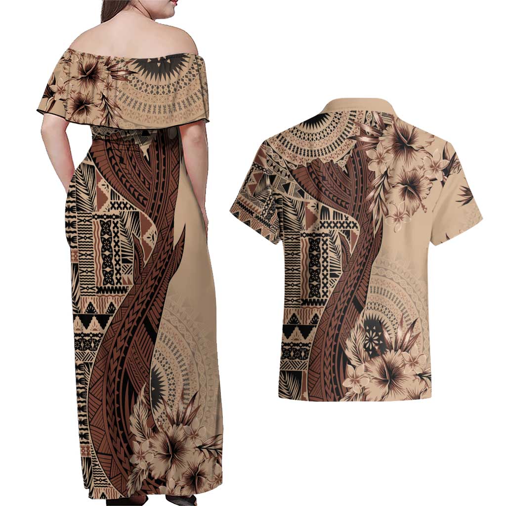 Bula Fiji Couples Matching Off Shoulder Maxi Dress and Hawaiian Shirt Shark Tail Beige Masi Tapa LT7 - Polynesian Pride