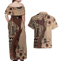 Bula Fiji Couples Matching Off Shoulder Maxi Dress and Hawaiian Shirt Shark Tail Beige Masi Tapa LT7 - Polynesian Pride