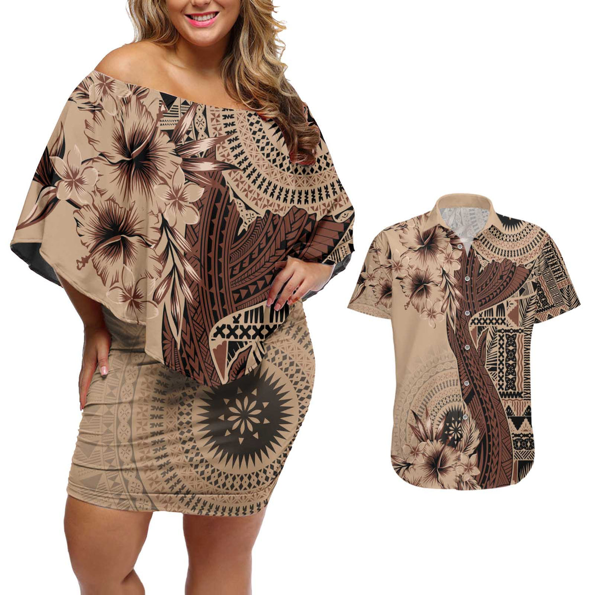 Bula Fiji Couples Matching Off Shoulder Short Dress and Hawaiian Shirt Shark Tail Beige Masi Tapa LT7 Beige - Polynesian Pride