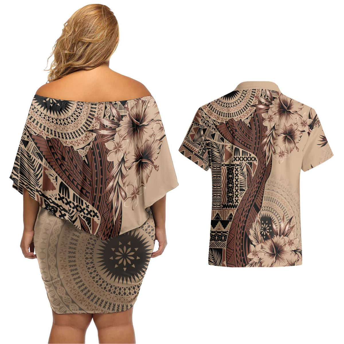 Bula Fiji Couples Matching Off Shoulder Short Dress and Hawaiian Shirt Shark Tail Beige Masi Tapa LT7 - Polynesian Pride