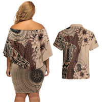 Bula Fiji Couples Matching Off Shoulder Short Dress and Hawaiian Shirt Shark Tail Beige Masi Tapa LT7 - Polynesian Pride