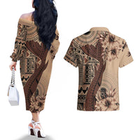 Bula Fiji Couples Matching Off The Shoulder Long Sleeve Dress and Hawaiian Shirt Shark Tail Beige Masi Tapa LT7 - Polynesian Pride