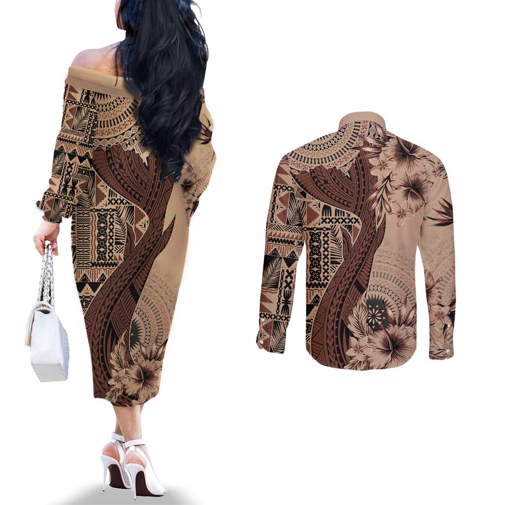 Bula Fiji Couples Matching Off The Shoulder Long Sleeve Dress and Long Sleeve Button Shirt Shark Tail Beige Masi Tapa LT7 - Polynesian Pride