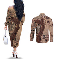 Bula Fiji Couples Matching Off The Shoulder Long Sleeve Dress and Long Sleeve Button Shirt Shark Tail Beige Masi Tapa LT7 - Polynesian Pride