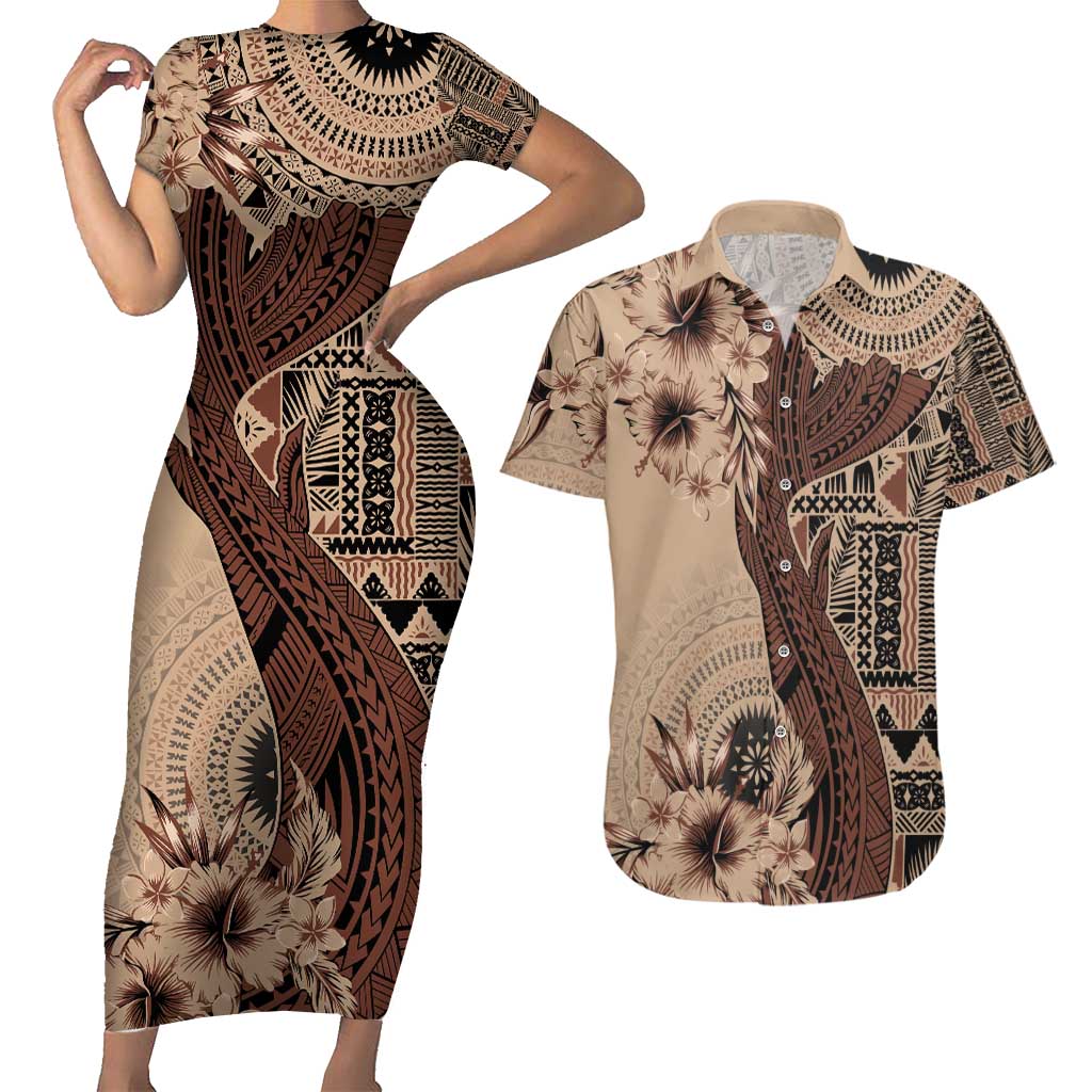 Bula Fiji Couples Matching Short Sleeve Bodycon Dress and Hawaiian Shirt Shark Tail Beige Masi Tapa LT7 Beige - Polynesian Pride
