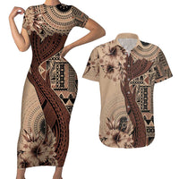 Bula Fiji Couples Matching Short Sleeve Bodycon Dress and Hawaiian Shirt Shark Tail Beige Masi Tapa LT7 Beige - Polynesian Pride