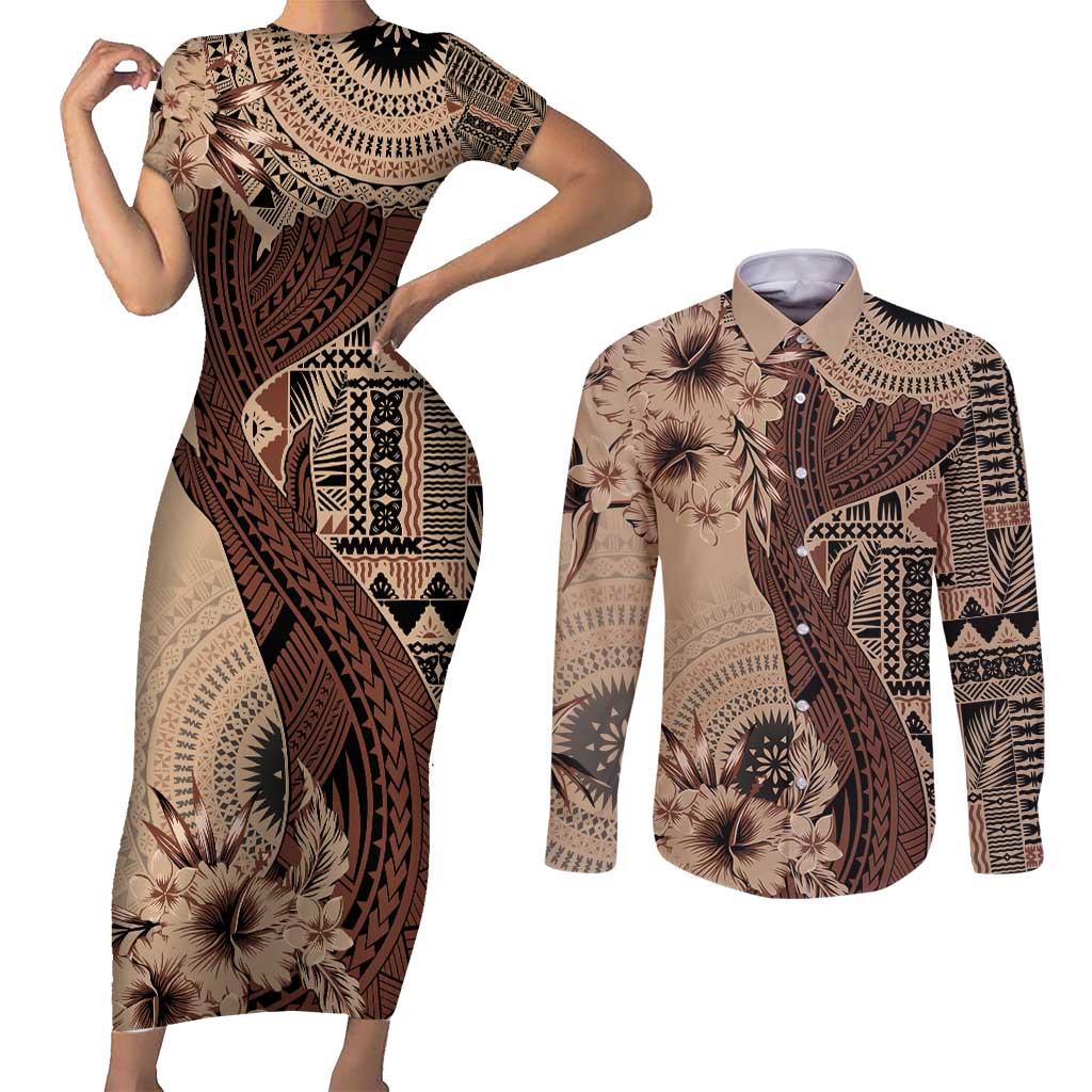 Bula Fiji Couples Matching Short Sleeve Bodycon Dress and Long Sleeve Button Shirt Shark Tail Beige Masi Tapa LT7 Beige - Polynesian Pride