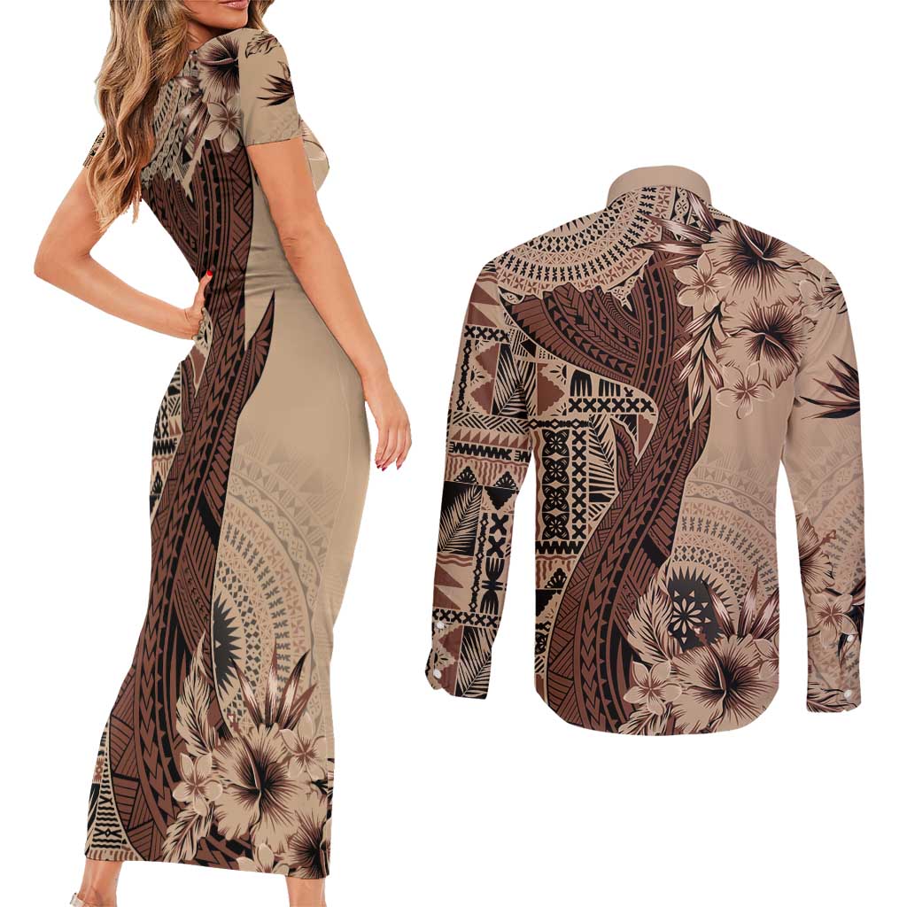 Bula Fiji Couples Matching Short Sleeve Bodycon Dress and Long Sleeve Button Shirt Shark Tail Beige Masi Tapa LT7 - Polynesian Pride
