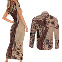 Bula Fiji Couples Matching Short Sleeve Bodycon Dress and Long Sleeve Button Shirt Shark Tail Beige Masi Tapa LT7 - Polynesian Pride