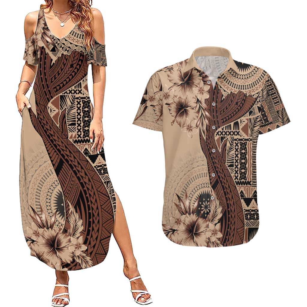 Bula Fiji Couples Matching Summer Maxi Dress and Hawaiian Shirt Shark Tail Beige Masi Tapa LT7 Beige - Polynesian Pride