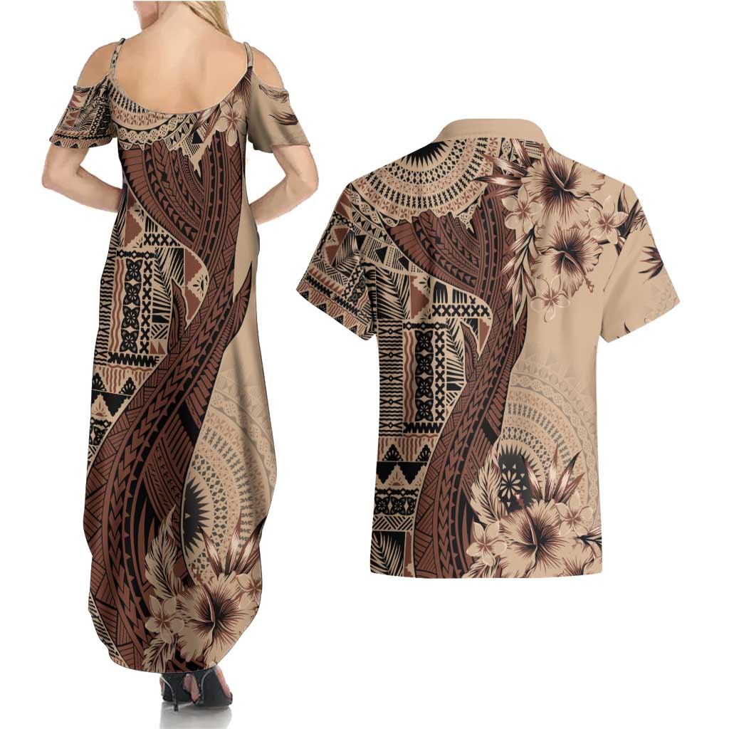 Bula Fiji Couples Matching Summer Maxi Dress and Hawaiian Shirt Shark Tail Beige Masi Tapa LT7 - Polynesian Pride