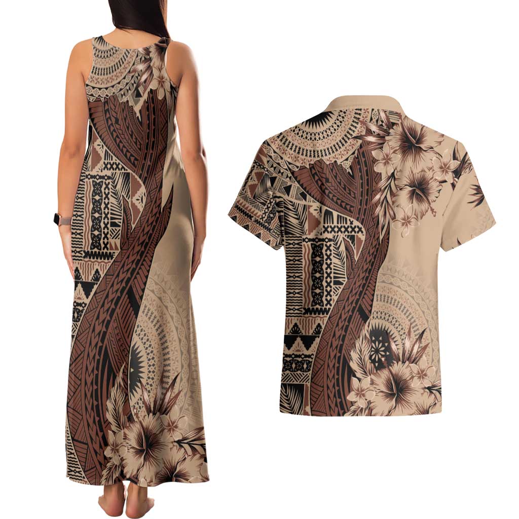 Bula Fiji Couples Matching Tank Maxi Dress and Hawaiian Shirt Shark Tail Beige Masi Tapa LT7 - Polynesian Pride