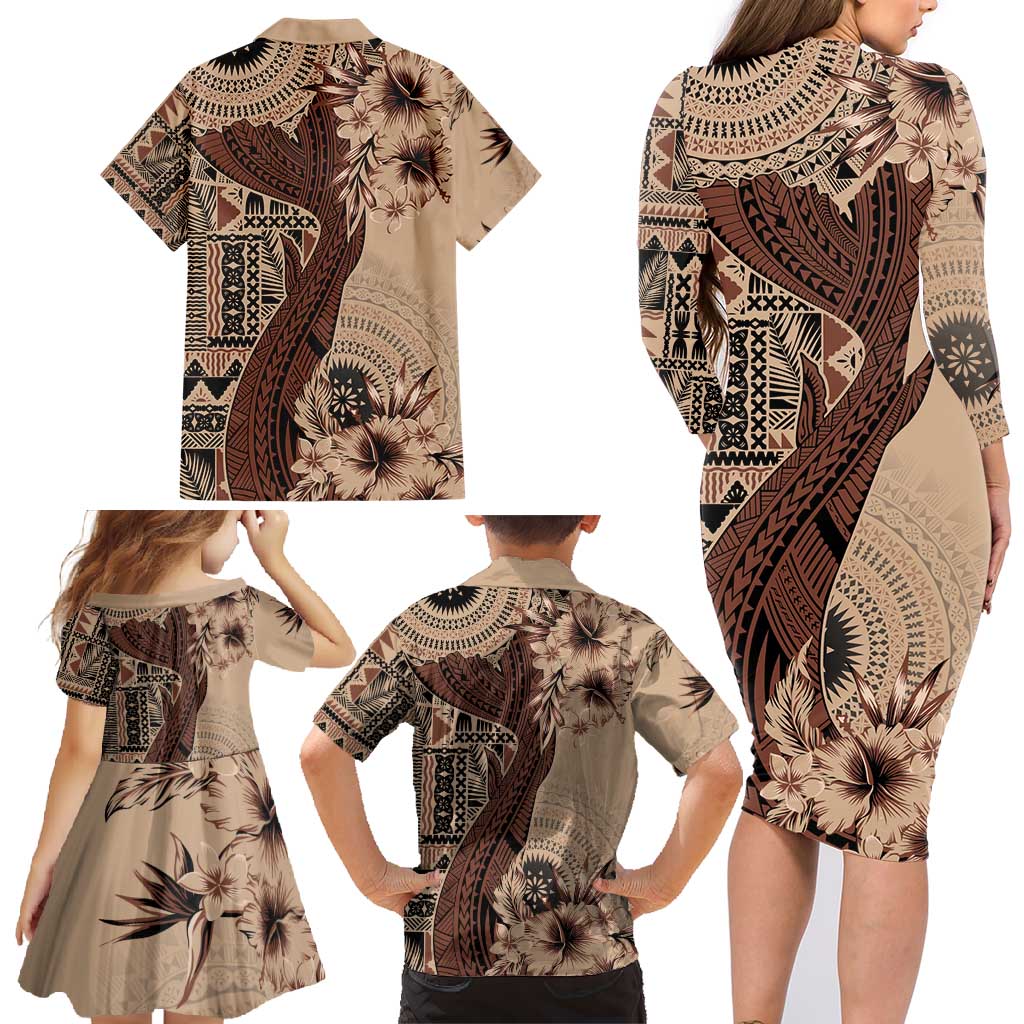 Bula Fiji Family Matching Long Sleeve Bodycon Dress and Hawaiian Shirt Shark Tail Beige Masi Tapa LT7 - Polynesian Pride
