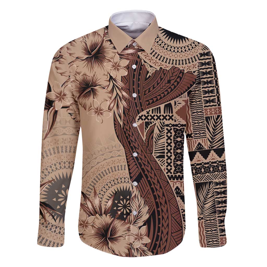 Bula Fiji Family Matching Long Sleeve Bodycon Dress and Hawaiian Shirt Shark Tail Beige Masi Tapa LT7 Dad's Shirt - Long Sleeve Beige - Polynesian Pride