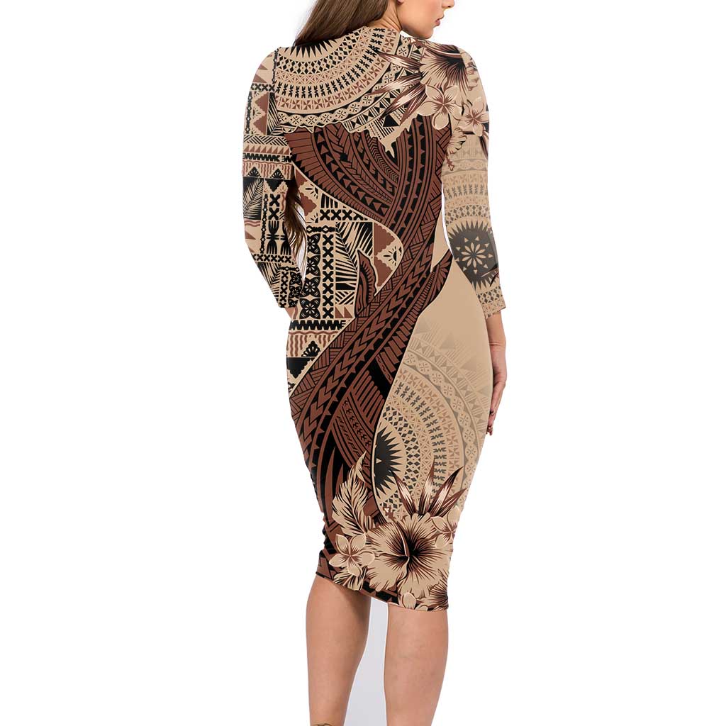 Bula Fiji Family Matching Long Sleeve Bodycon Dress and Hawaiian Shirt Shark Tail Beige Masi Tapa LT7 - Polynesian Pride