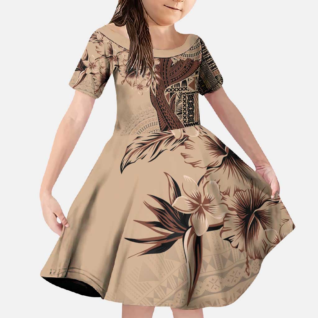 Bula Fiji Family Matching Mermaid Dress and Hawaiian Shirt Shark Tail Beige Masi Tapa LT7 Daughter's Dress Beige - Polynesian Pride