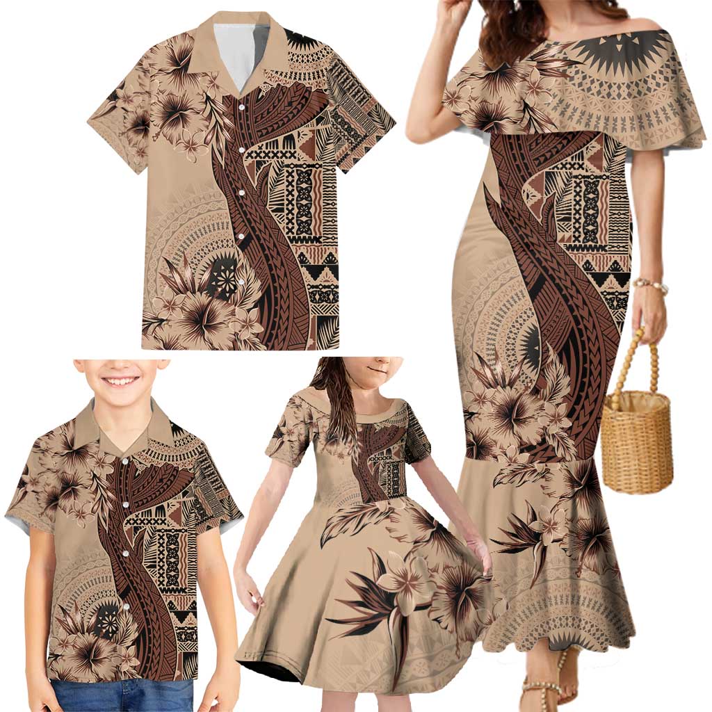 Bula Fiji Family Matching Mermaid Dress and Hawaiian Shirt Shark Tail Beige Masi Tapa LT7 - Polynesian Pride