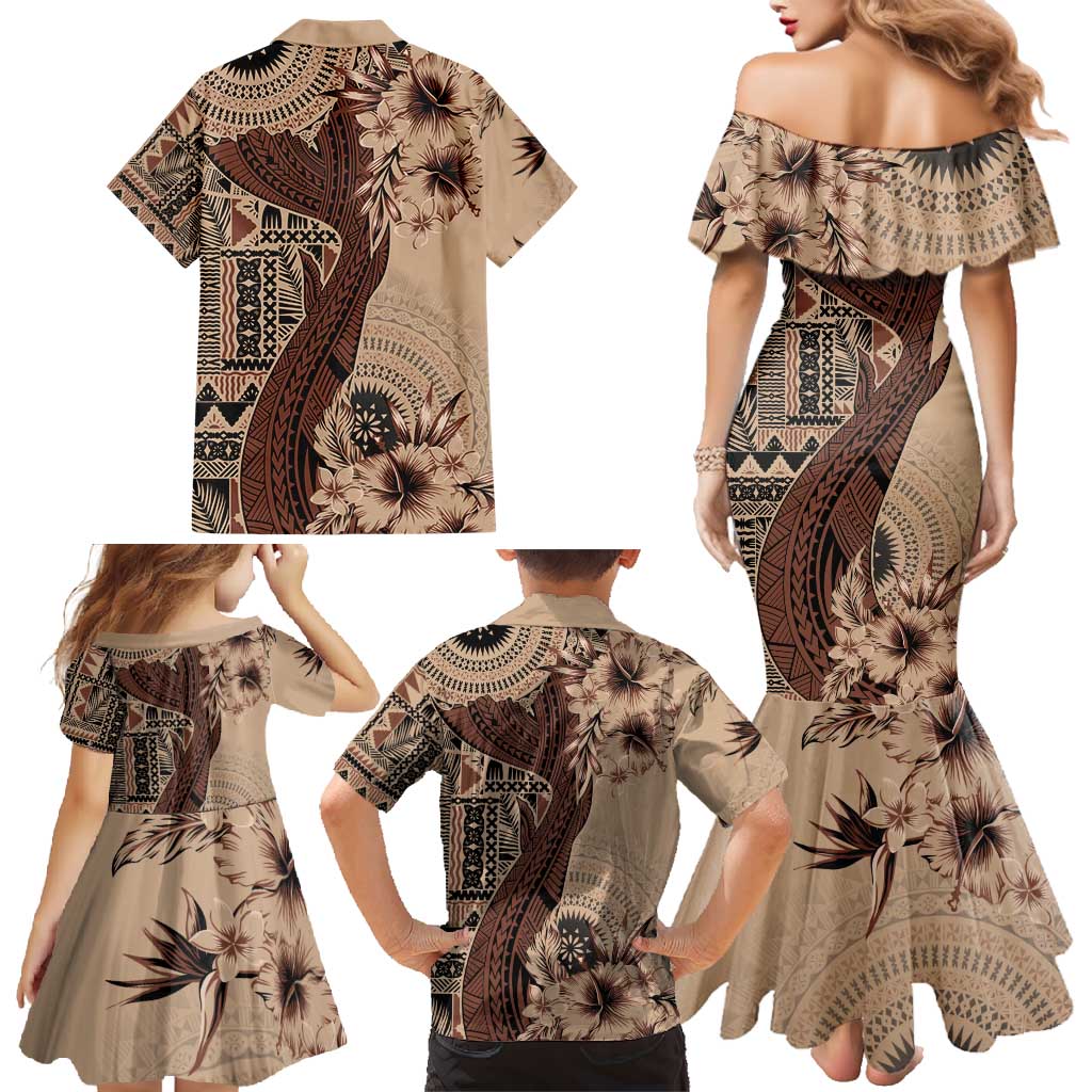 Bula Fiji Family Matching Mermaid Dress and Hawaiian Shirt Shark Tail Beige Masi Tapa LT7 - Polynesian Pride