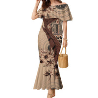 Bula Fiji Family Matching Mermaid Dress and Hawaiian Shirt Shark Tail Beige Masi Tapa LT7 Mom's Dress Beige - Polynesian Pride