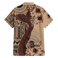 Bula Fiji Family Matching Off The Shoulder Long Sleeve Dress and Hawaiian Shirt Shark Tail Beige Masi Tapa LT7 - Polynesian Pride