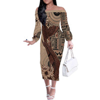 Bula Fiji Family Matching Off The Shoulder Long Sleeve Dress and Hawaiian Shirt Shark Tail Beige Masi Tapa LT7 Mom's Dress Beige - Polynesian Pride