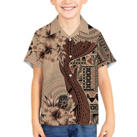 Bula Fiji Family Matching Off The Shoulder Long Sleeve Dress and Hawaiian Shirt Shark Tail Beige Masi Tapa LT7 Son's Shirt Beige - Polynesian Pride
