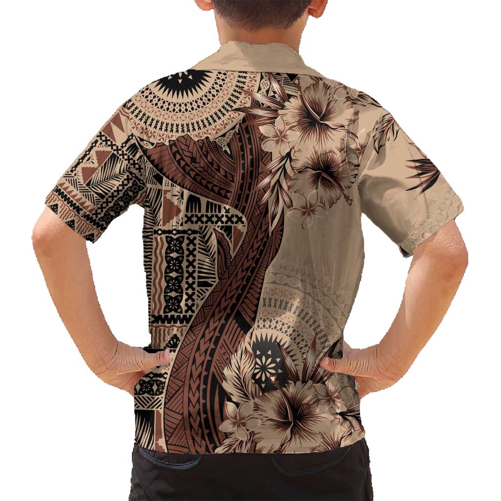 Bula Fiji Family Matching Off Shoulder Maxi Dress and Hawaiian Shirt Shark Tail Beige Masi Tapa LT7 - Polynesian Pride